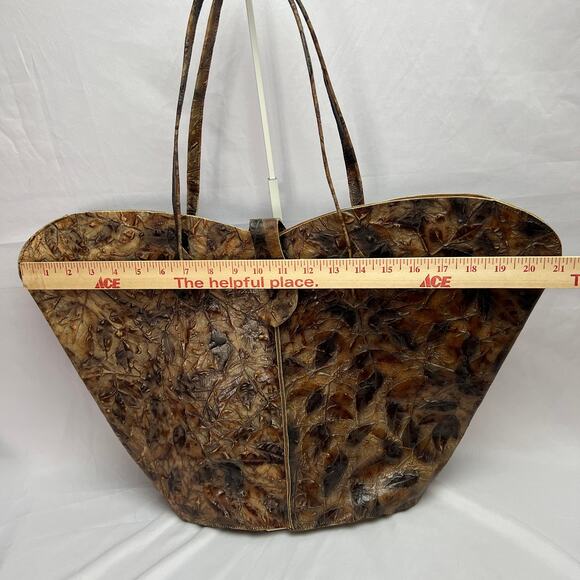 Luxury Artisan Leather Leaf Texture Tote Bag Handmade Brown Earthy Boho Heritage - Picture 14 of 16